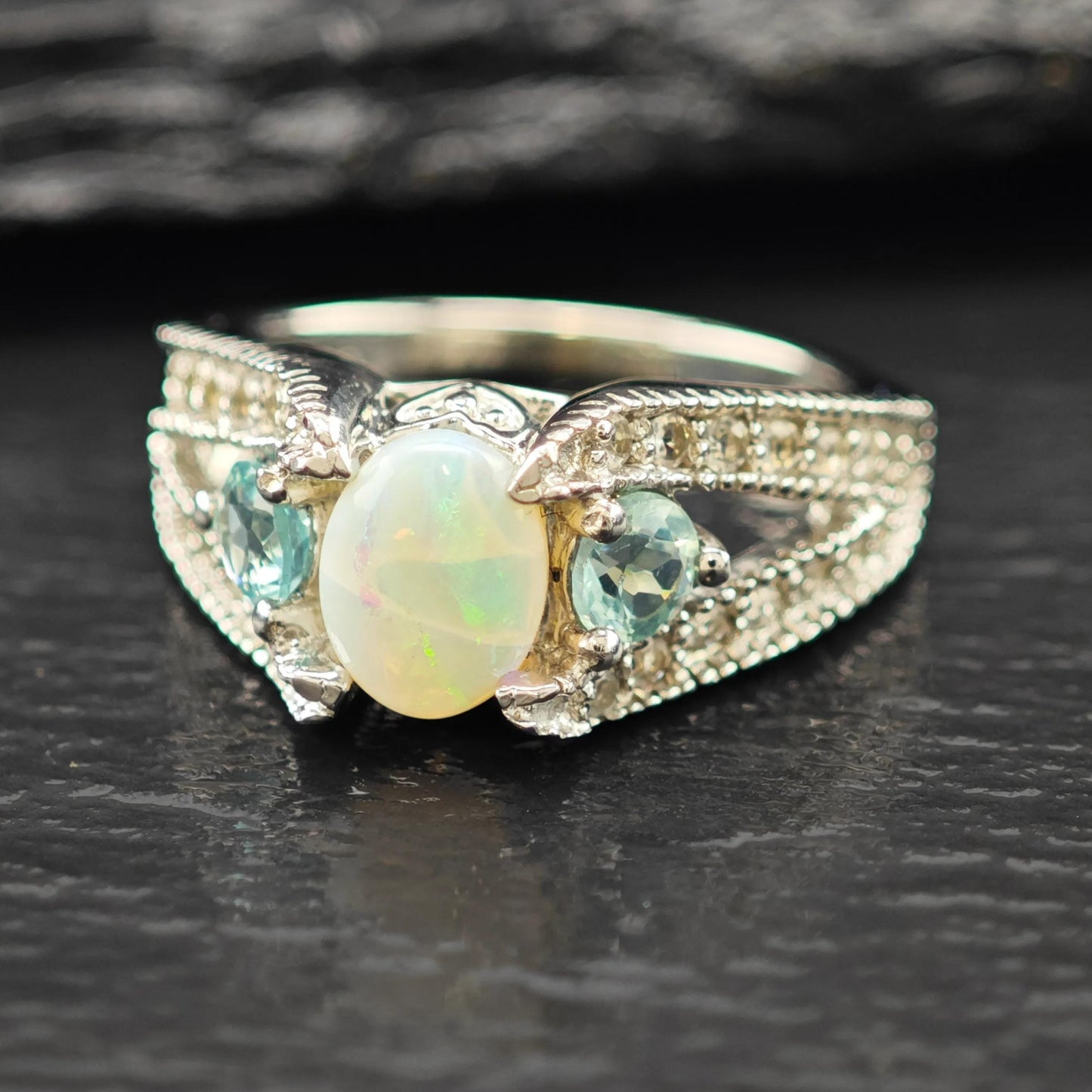 Opal Silver Statement Ring with Blue Gems Size 7 R6143