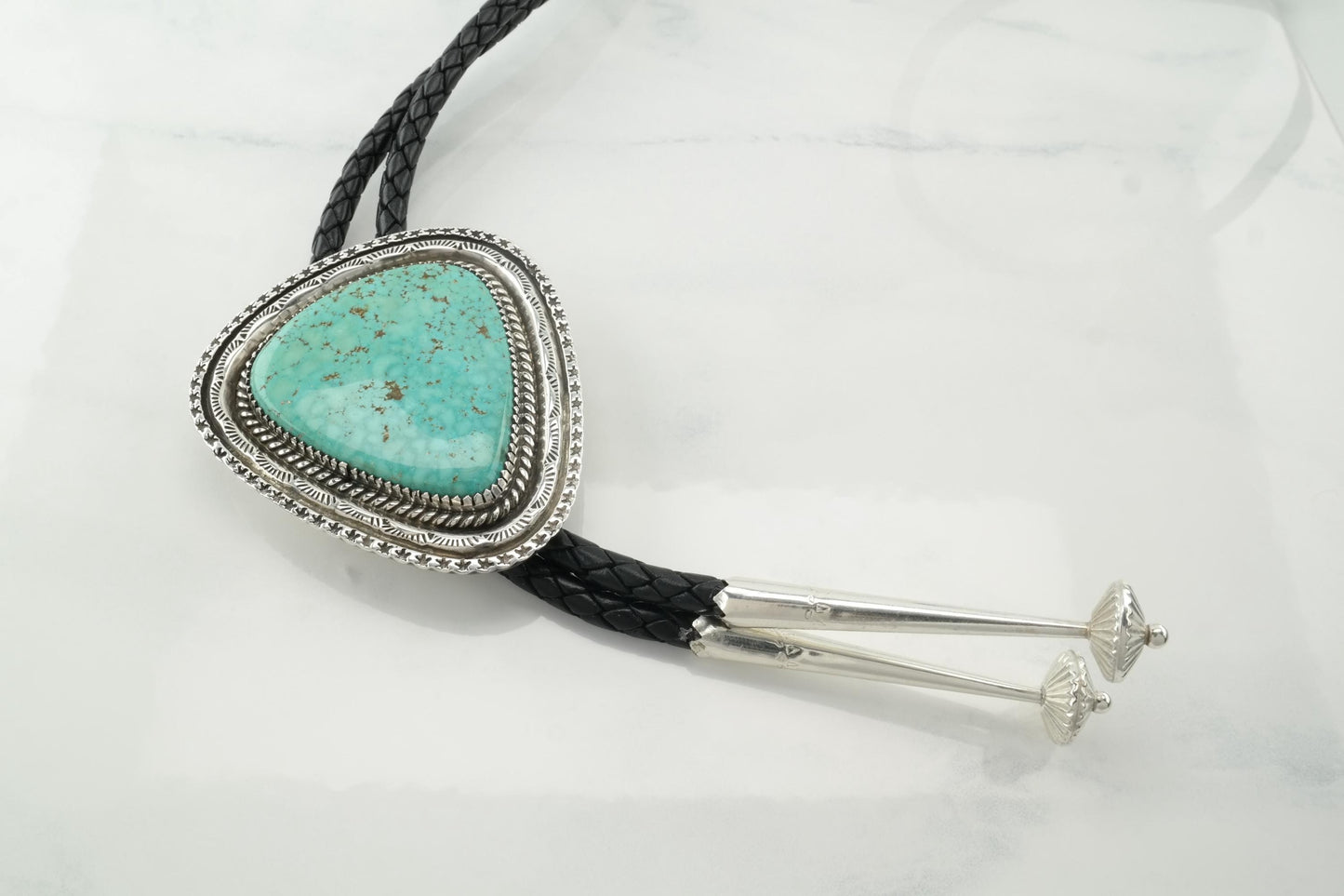 Native Sterling Silver & Kingman Turquoise Bolo Tie, Ca. 1970s N2348
