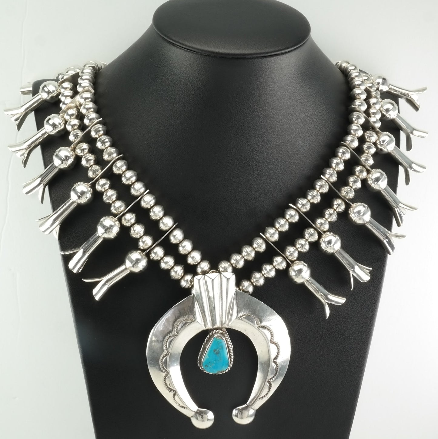 Vintage Native American Sterling Silver Turquoise Squash Blossom Necklace