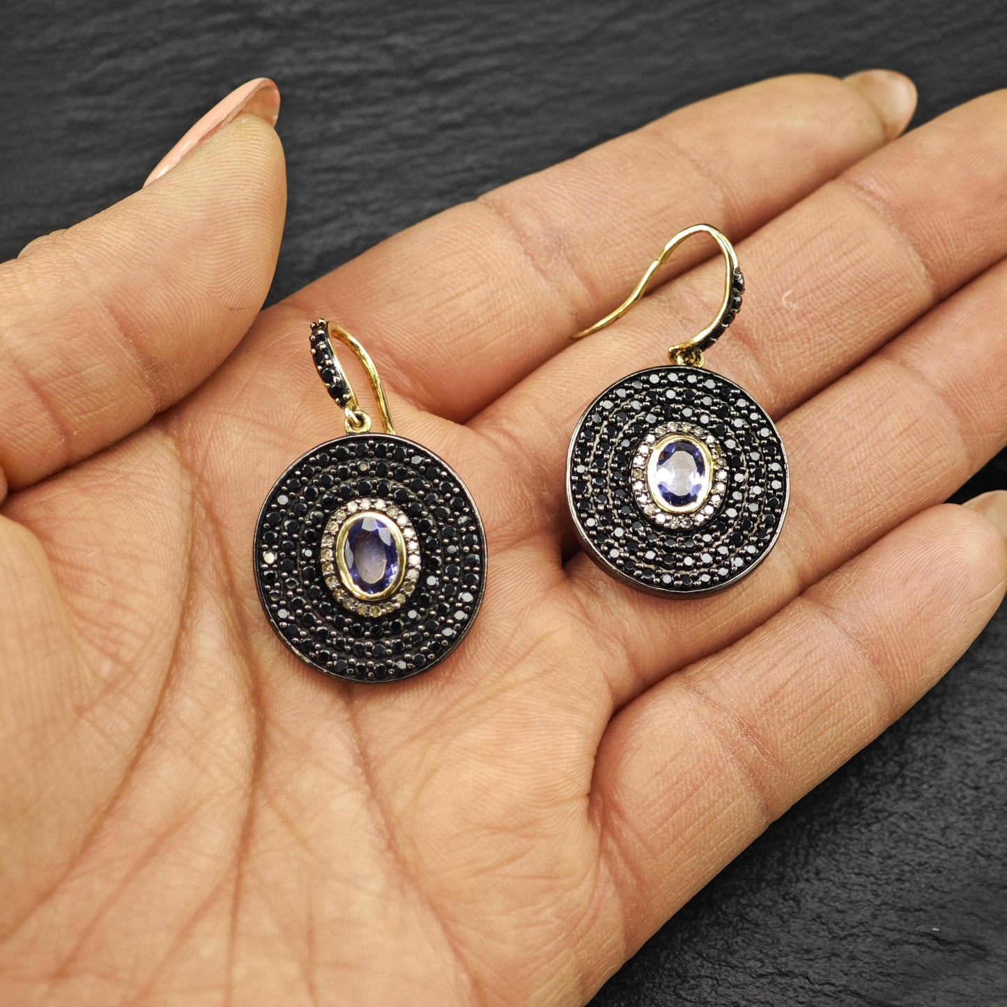 MLD Black, blue, Gold Tanzanite, Diamond, Spinel Pave Sterling Silver Dangle Earrings