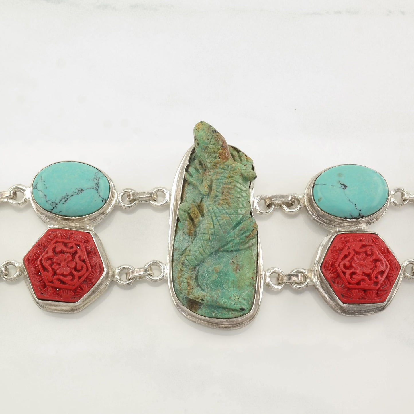 Sterling Silver Turquoise, Cinnabar, Lizard, Carved Link Bracelet