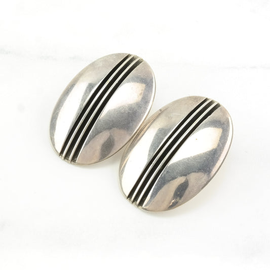 Stud Earrings Sterling Silver Oval Hollow Incise