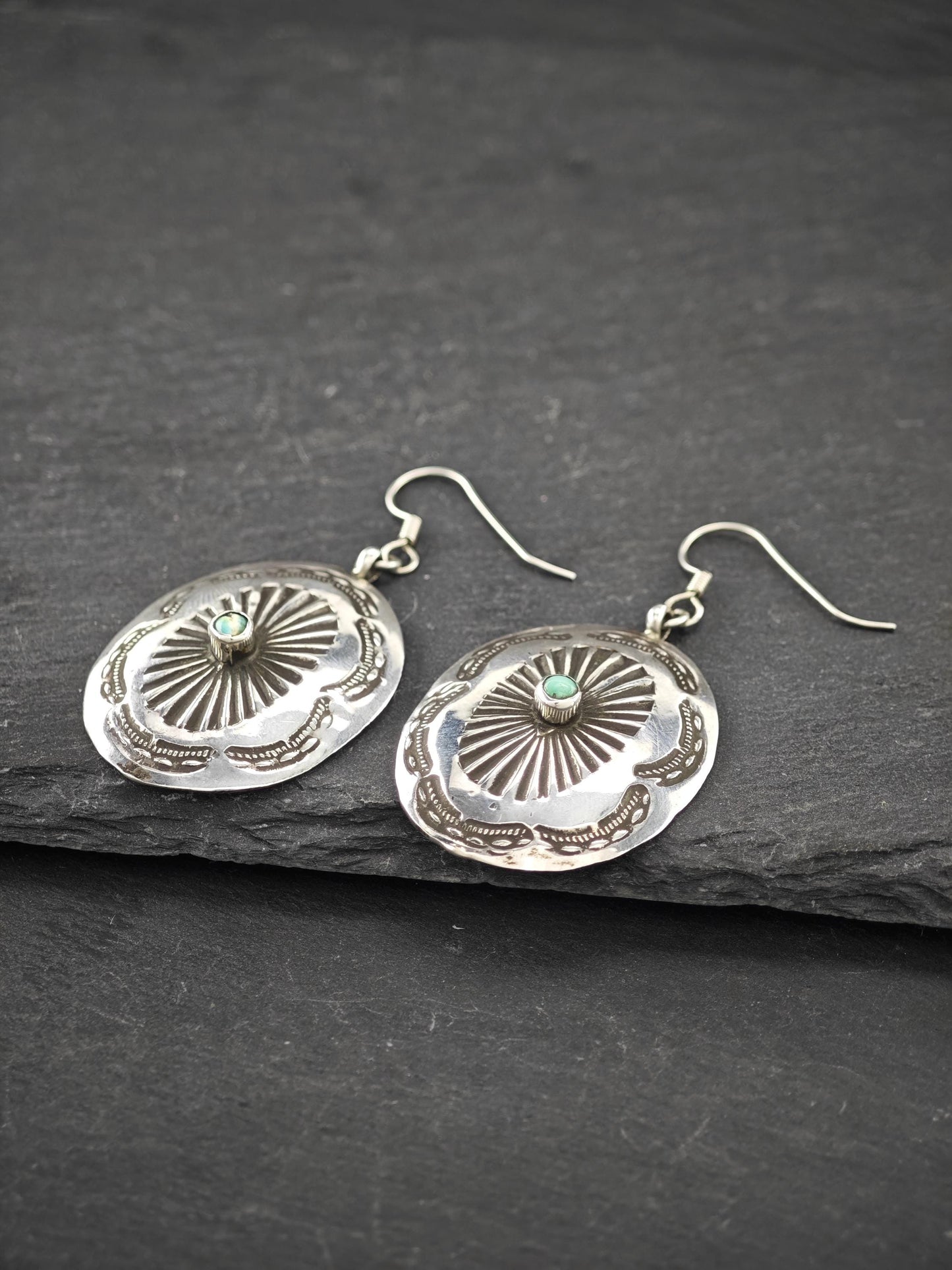 Native American Shield, Stamped Fish Hook Earrings Sterling Silver