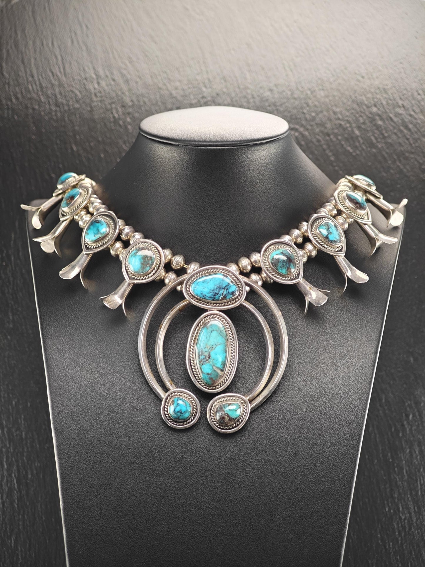 Native American Blue Smokey Bisbee, Large Squash Blossom Necklace Sterling Silver