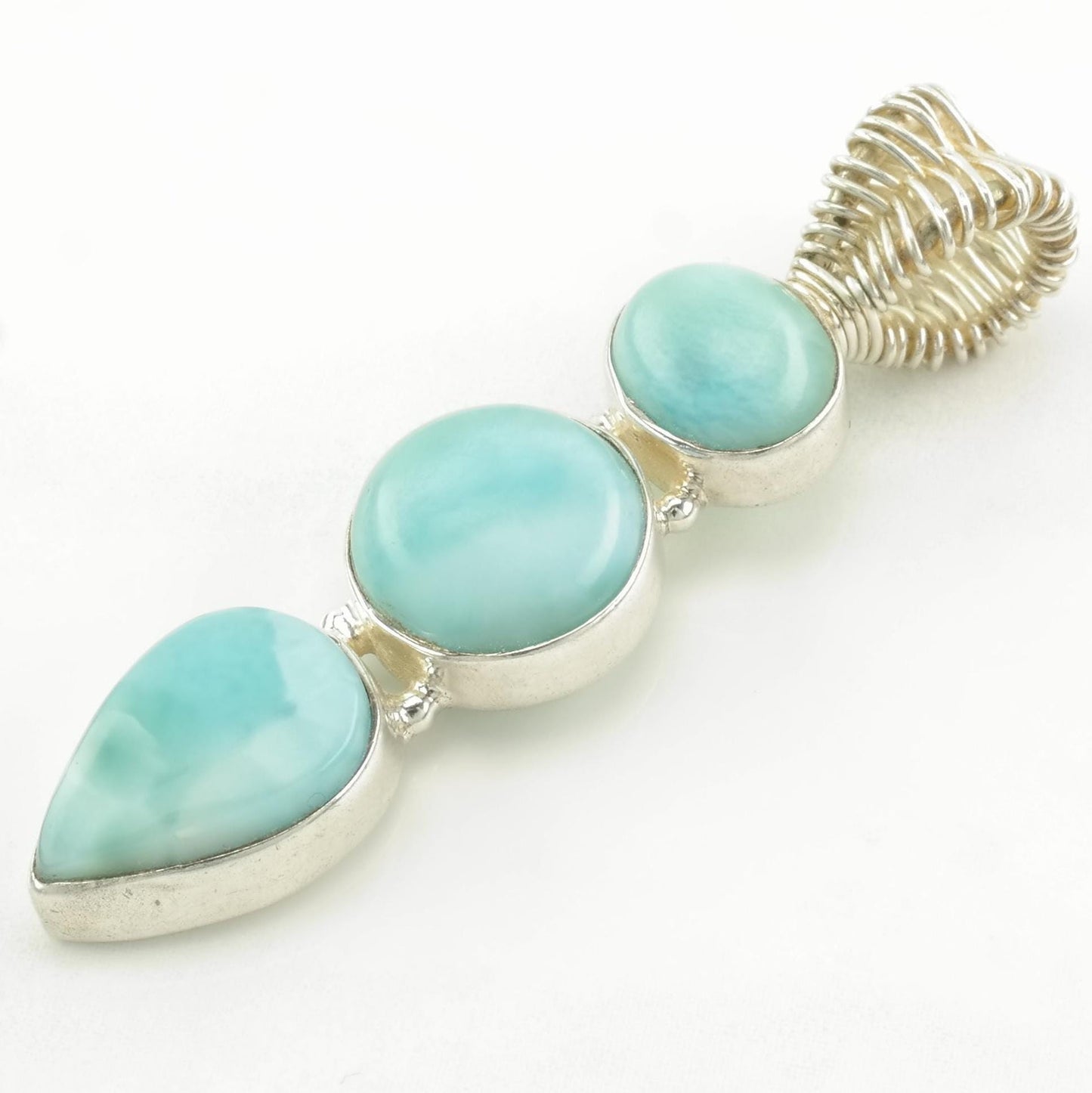 Vintage Larimar Wire Wrapped Bale Sterling Silver Pendant