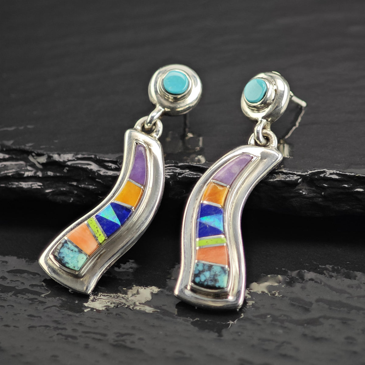 Vintage TSF Native American Multistone Inlay Sterling Silver Stud Earrings ER3219