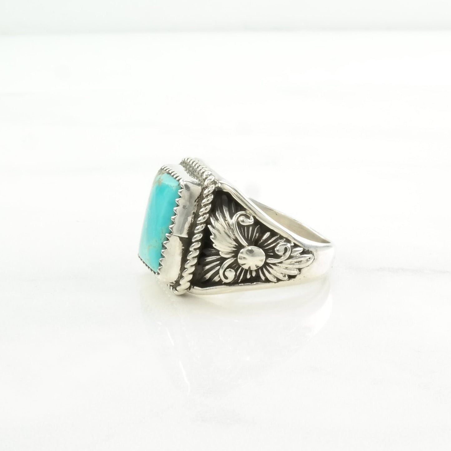 Native American Silver Ring Turquoise Floral Sterling Blue Size 10 1/2