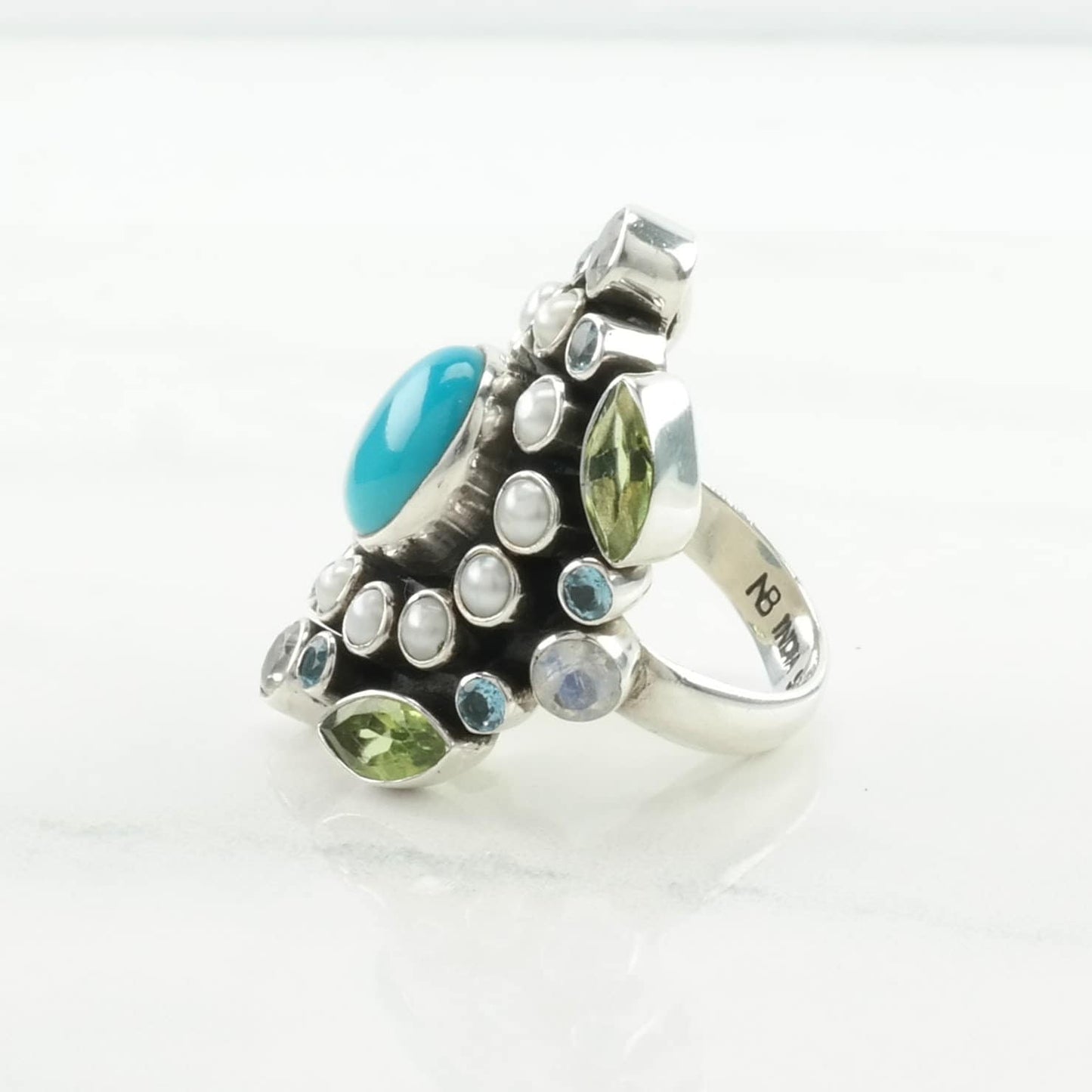 Nicky Butler Silver Ring Turquoise, Pearl, Peridot Cluster Sterling Size 7 1/4