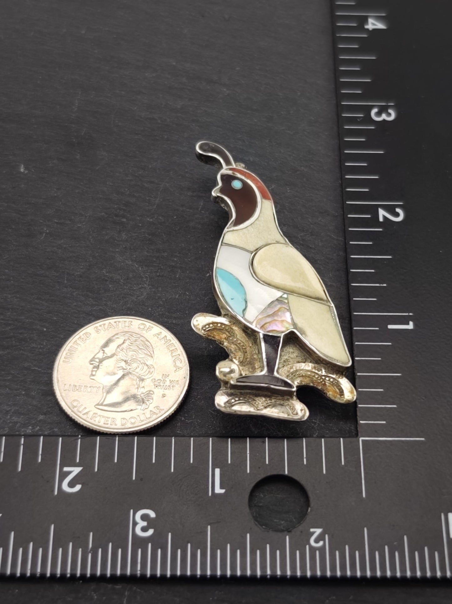 Quail, Zuni Inlay, Native American Sterling Silver Brooch Pendant