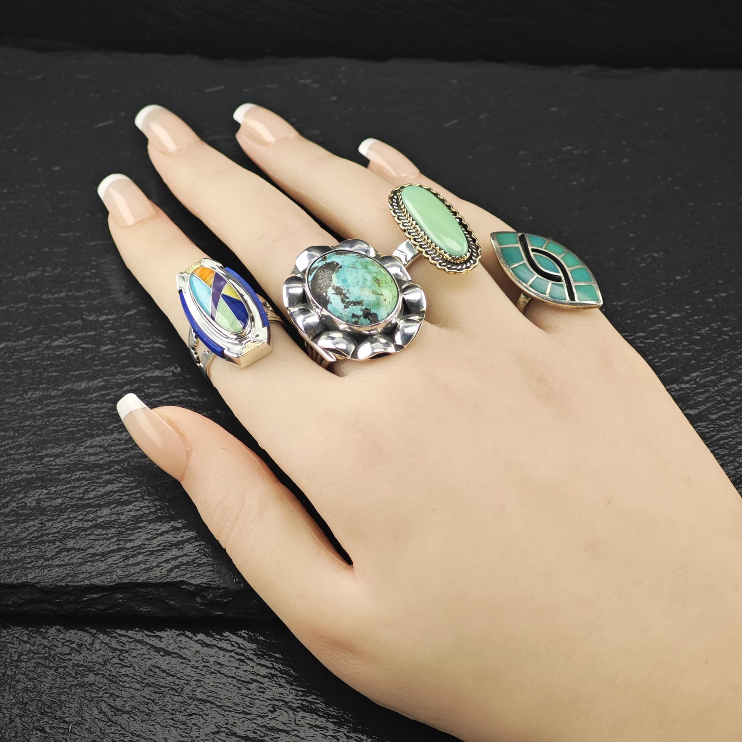Long DTR Green Variscite Ring Sterling Silver, Brass Accent Sz 7 R5949