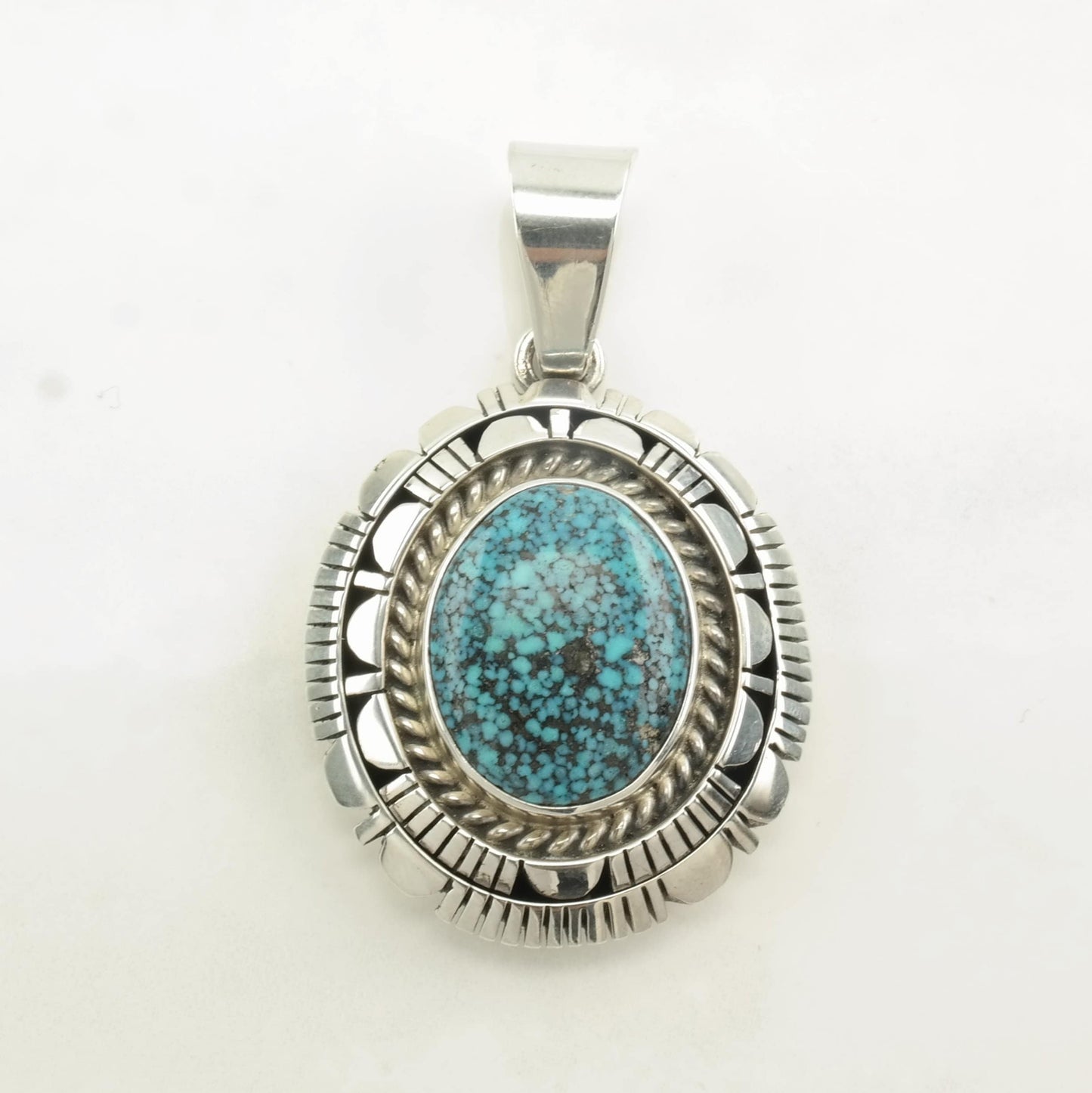 Native American Spiderweb Turquoise Oval Sterling Silver Pendant