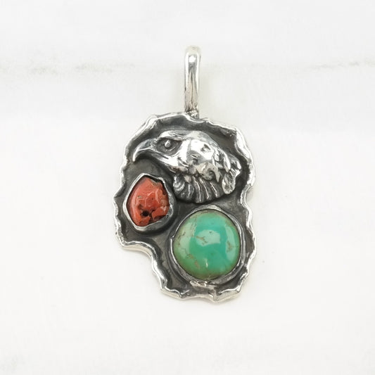 Vintage Turquoise, Coral Eagle Sterling Silver Pendant