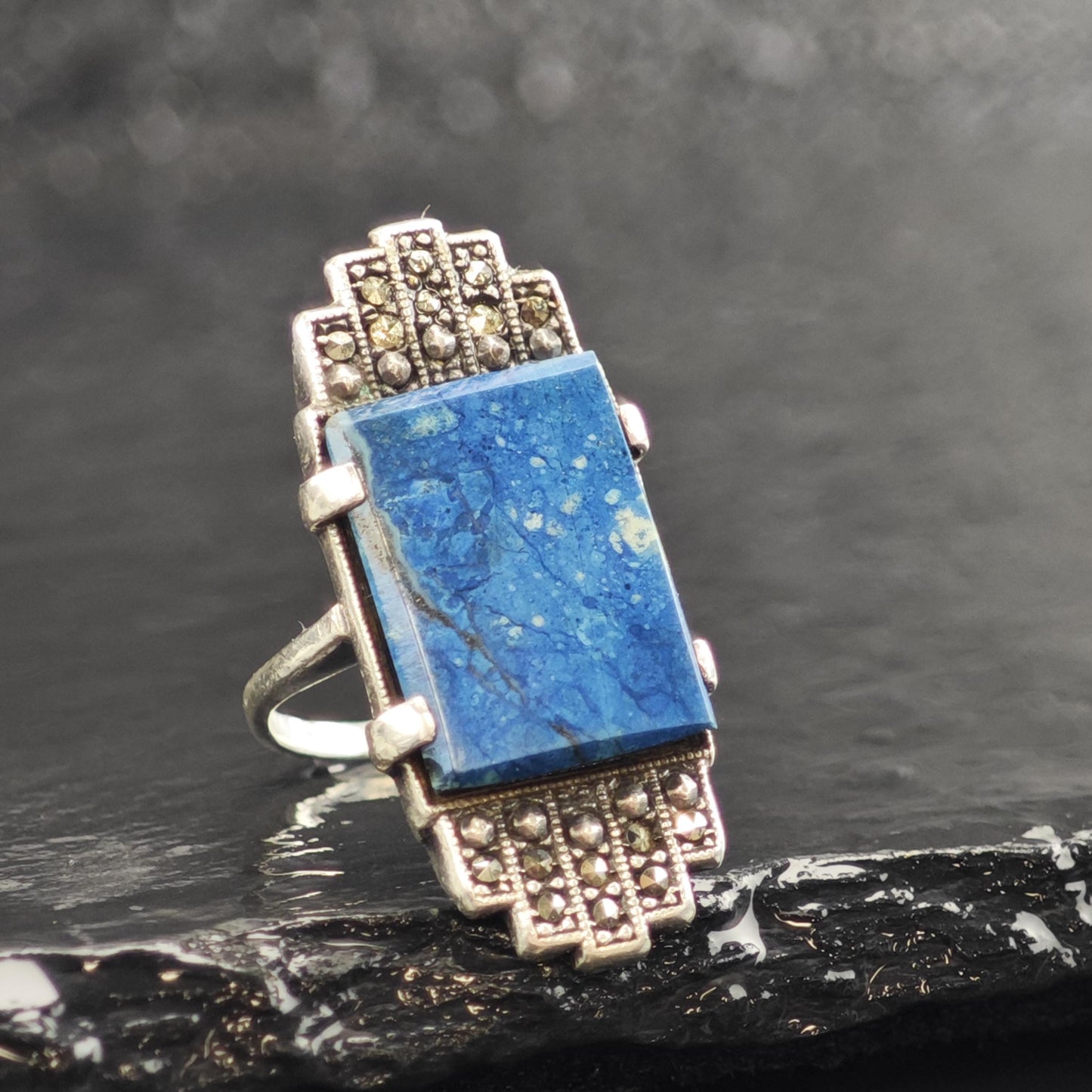 Art Deco Blue Gemstone Sterling Silver Ring Sz 3 1/4 R6593