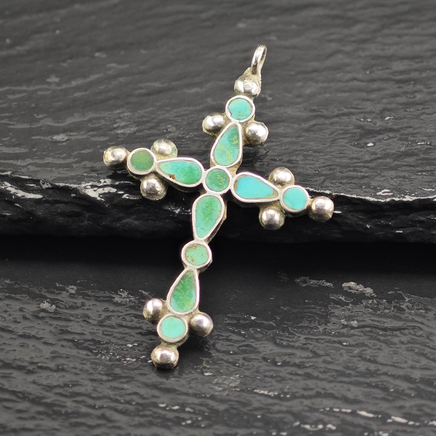 Vintage Zuni Inlay Turquoise Cross Pendant Sterling Silver P3033