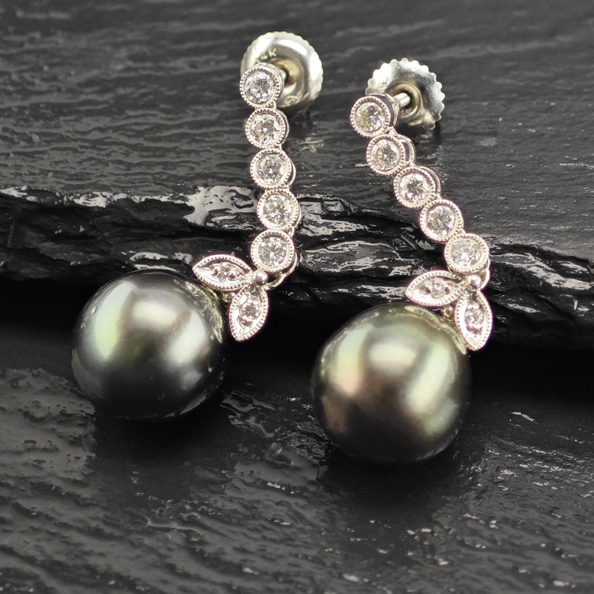 11mm Tahitian Pearl Diamond, 18K White Gold Stud/Dangle Earrings ER3220