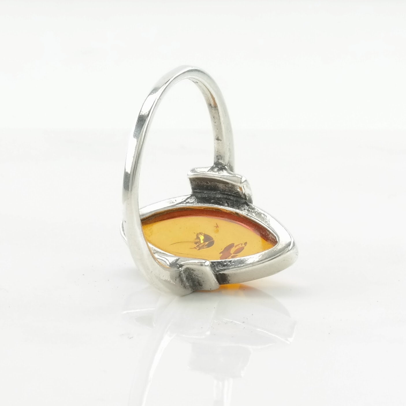 Navette Amber Silver Ring Sterling Orange