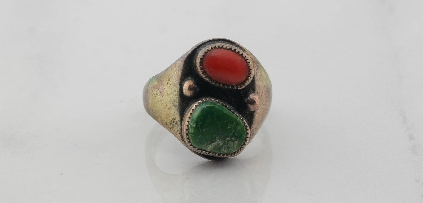 Sterling Silver Ring Cerillos Turquoise Coral Size 6.5