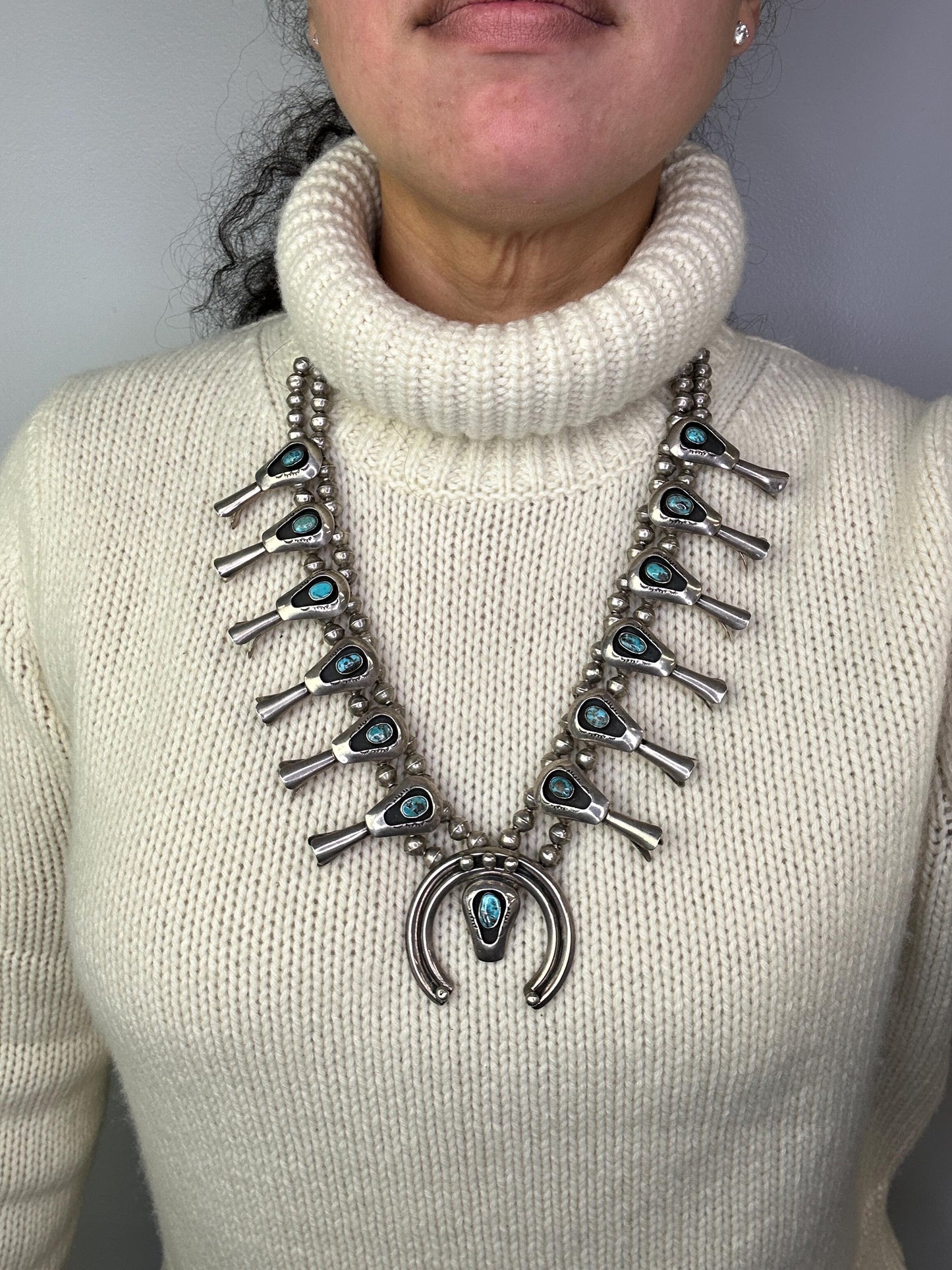 Vintage Native American Turquoise Shadow Box Squash Blossom Necklace, Sterling Silver Benchmade Beads