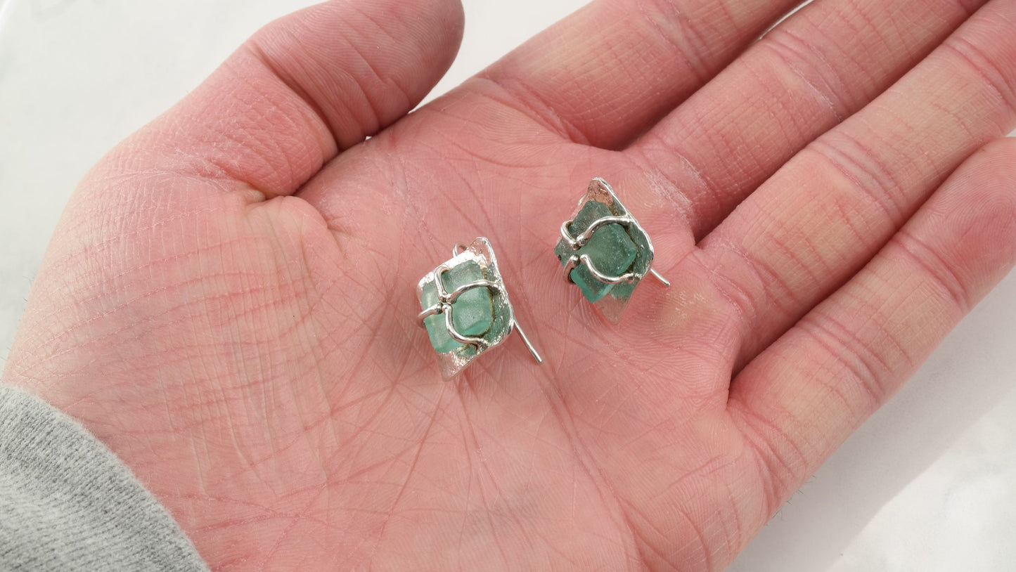 Modernist Sea Glass Hammered Sterling Silver Earrings