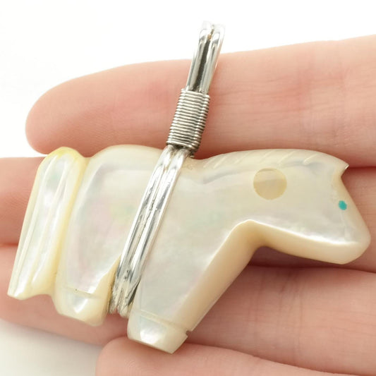 Vintage Native American MOP, Turquoise Eyes Carved, Horse Sterling Silver Pendant