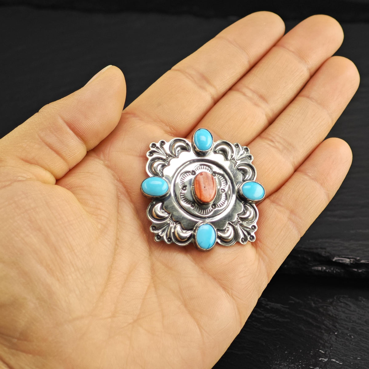 SW Turquoise & Spiney Oyster Brooch Sterling Silver B2241