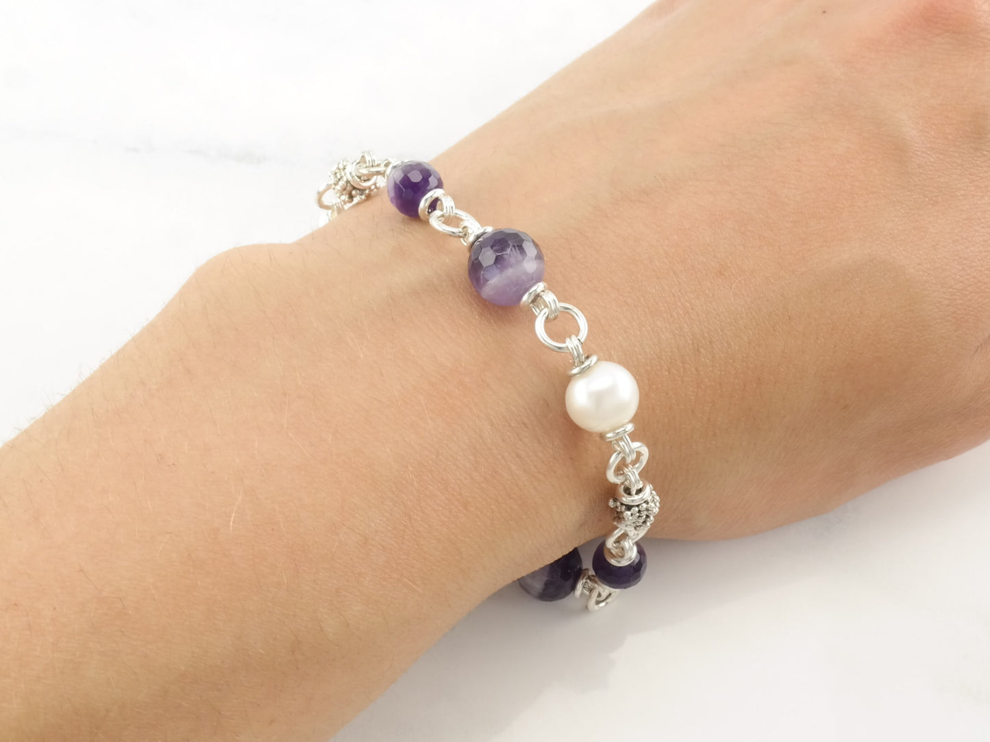 Michael Dawkins Sterling Silver Amethyst, Pearl Line Bracelet