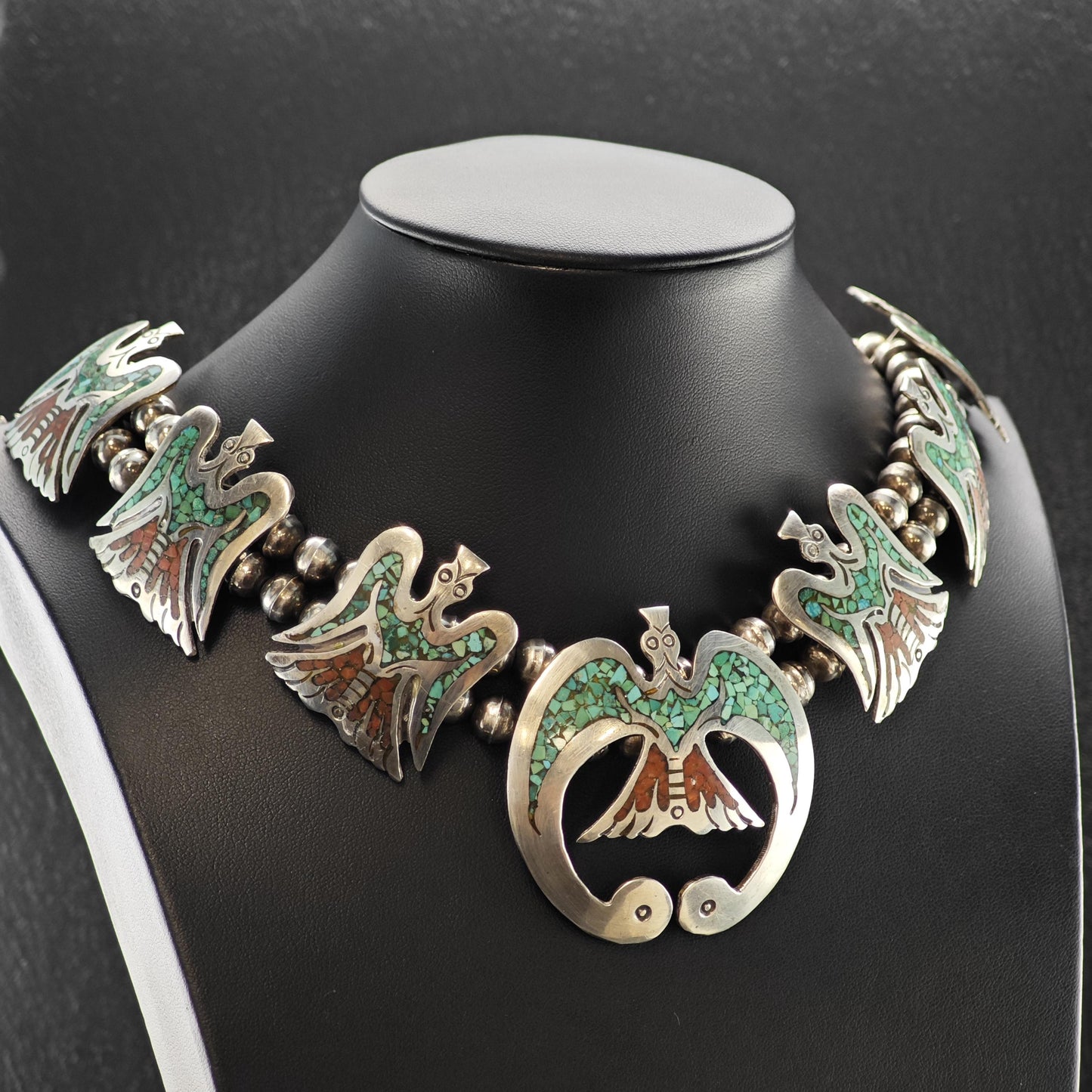 Native American Turquoise Inlay Eagle Squash Blossom Necklace Sterling Silver 29 1/2"