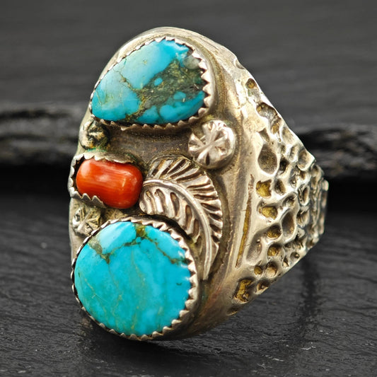 Native American Turquoise, Coral Floral Ring Sterling Silver Sz 13 1/4