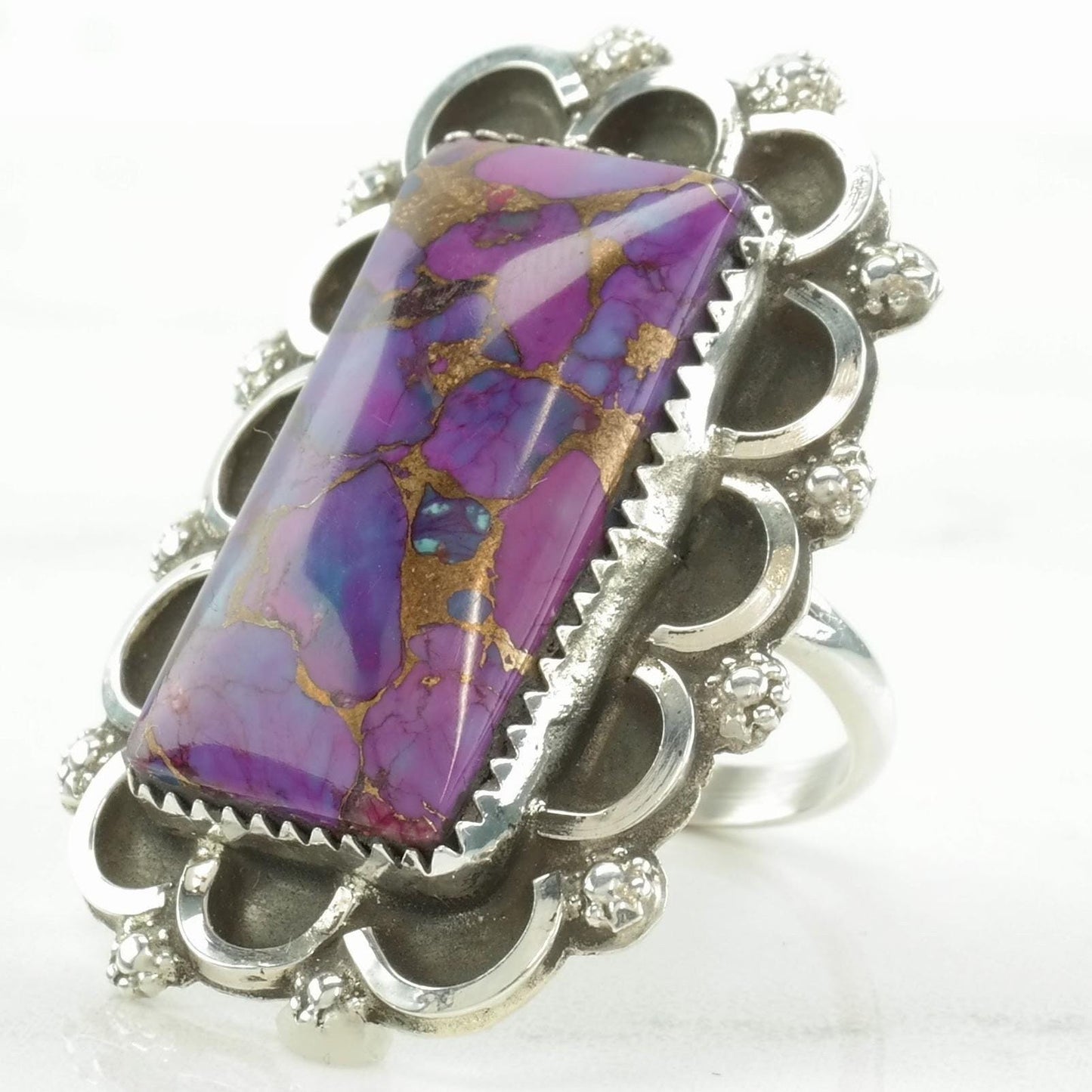 Vintage Southwest Silver Ring Purple Copper Dyed Turquoise Scallop Sterling Size 8