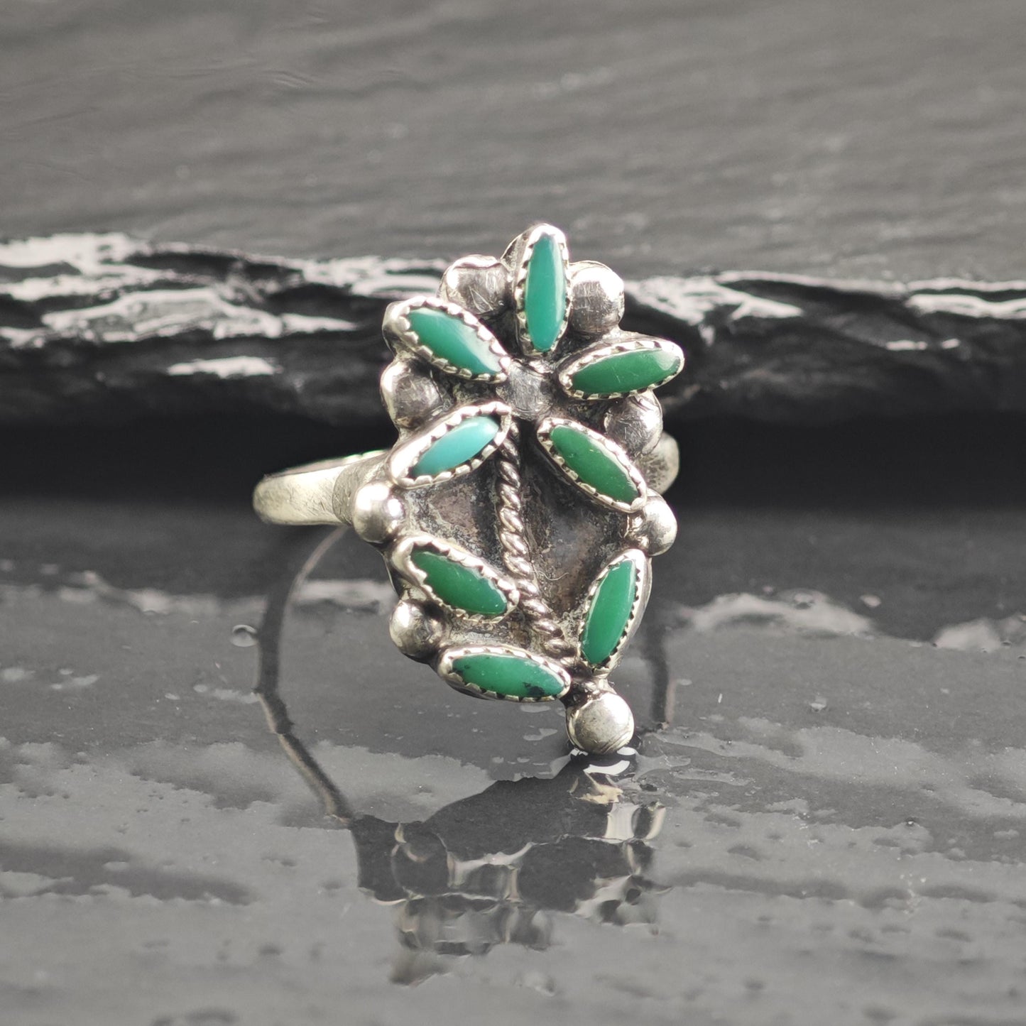 AS IS Petit Point Turquoise Flower Sterling Silver Ring Sz 7 R6666