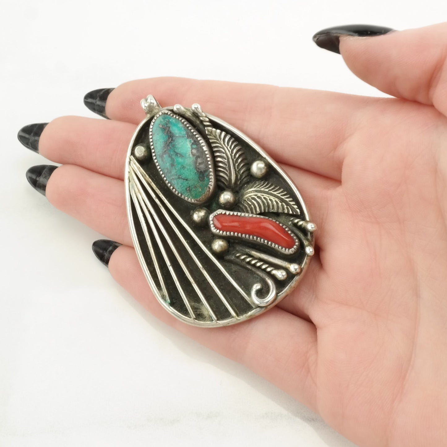 Native American Turquoise, Coral Leaf Sterling Silver Pendant