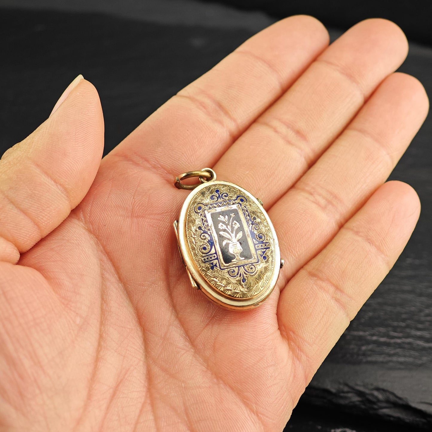 Antique Gold Filled Memorial Hair Locket Pendant Enamel, P3026