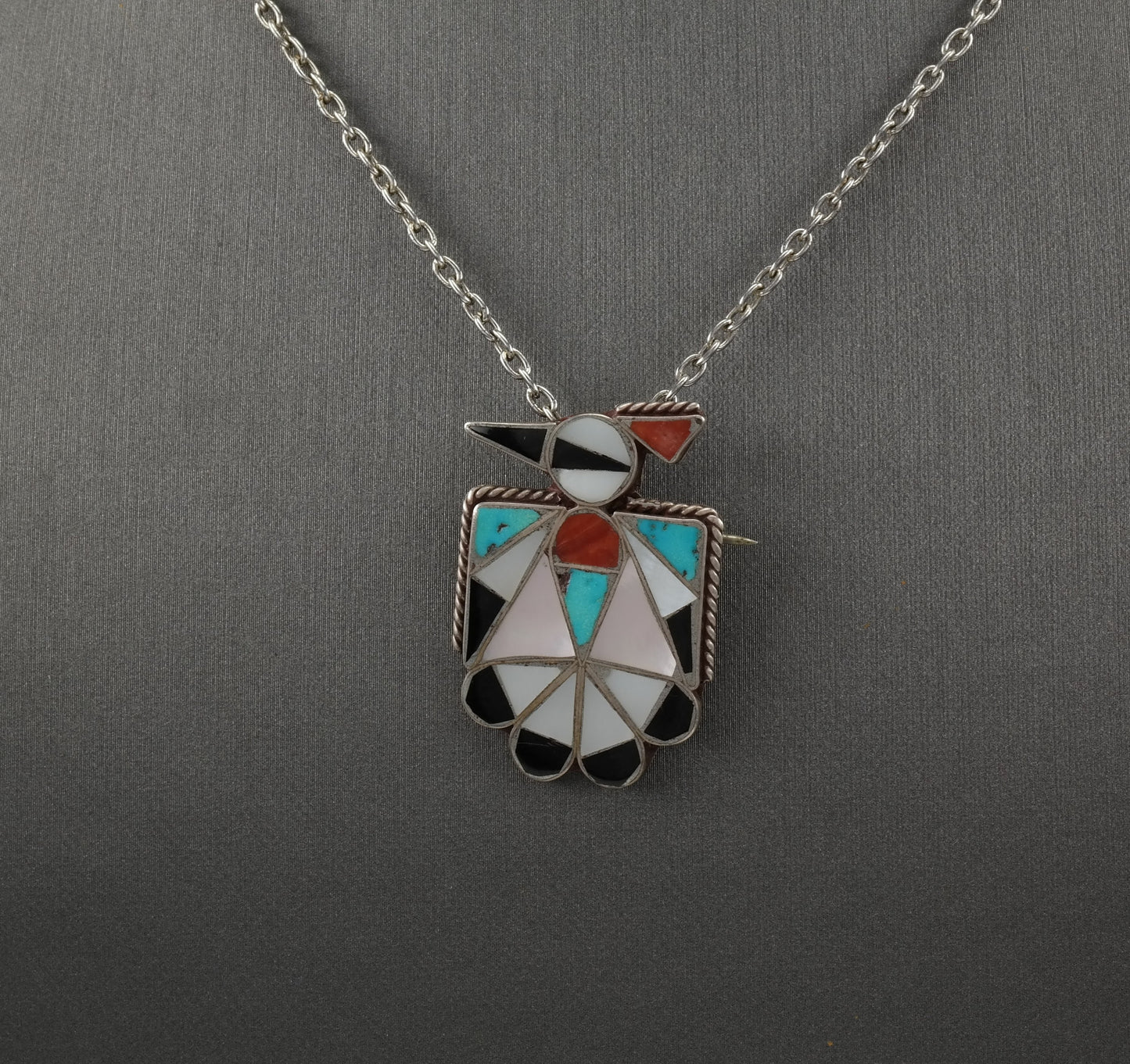 Native American Sterling Silver Turquoise Thunderbird Inlay Necklace