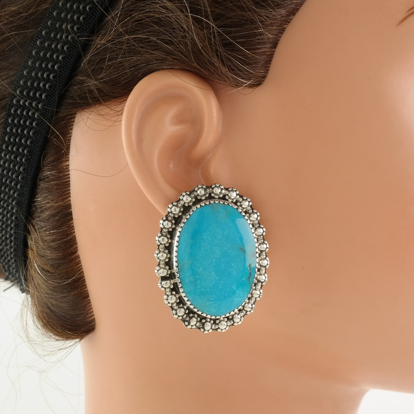 Native American Sterling Silver Large Turquoise Earrings Stud