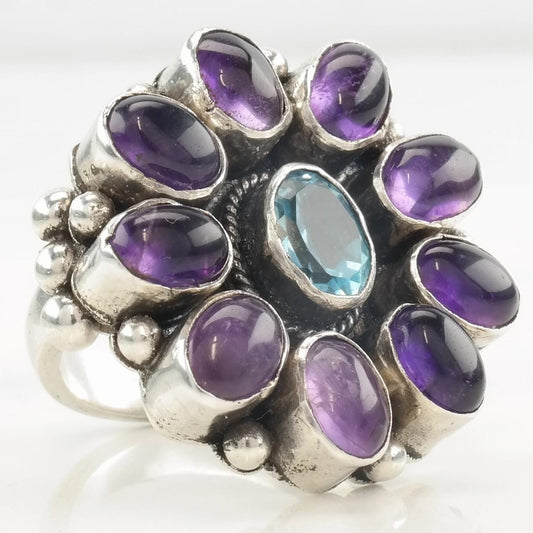 Vintage Sterling Silver Ring Amethyst, Topaz Floral Size 6 1/4