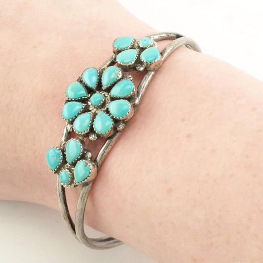 Native American Sterling Silver & Turquoise Cuff Bracelet | Floral Cluster Design | Signed