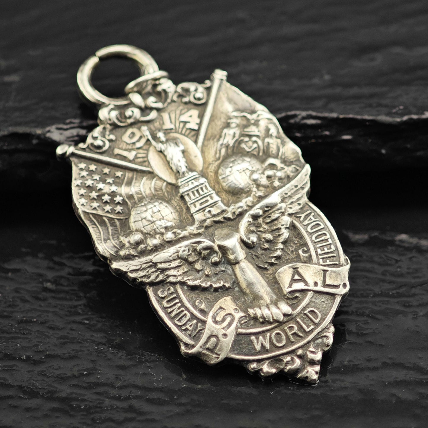 Antique 1914 Sunday World New York City Track Medal Sterling Silver Pendant P3068