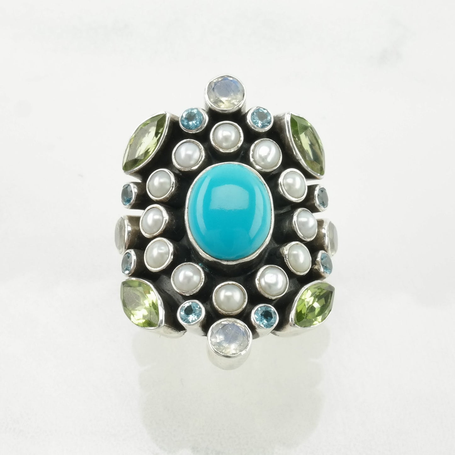 Nicky Butler Silver Ring Turquoise, Pearl, Peridot Cluster Sterling Size 7 1/4