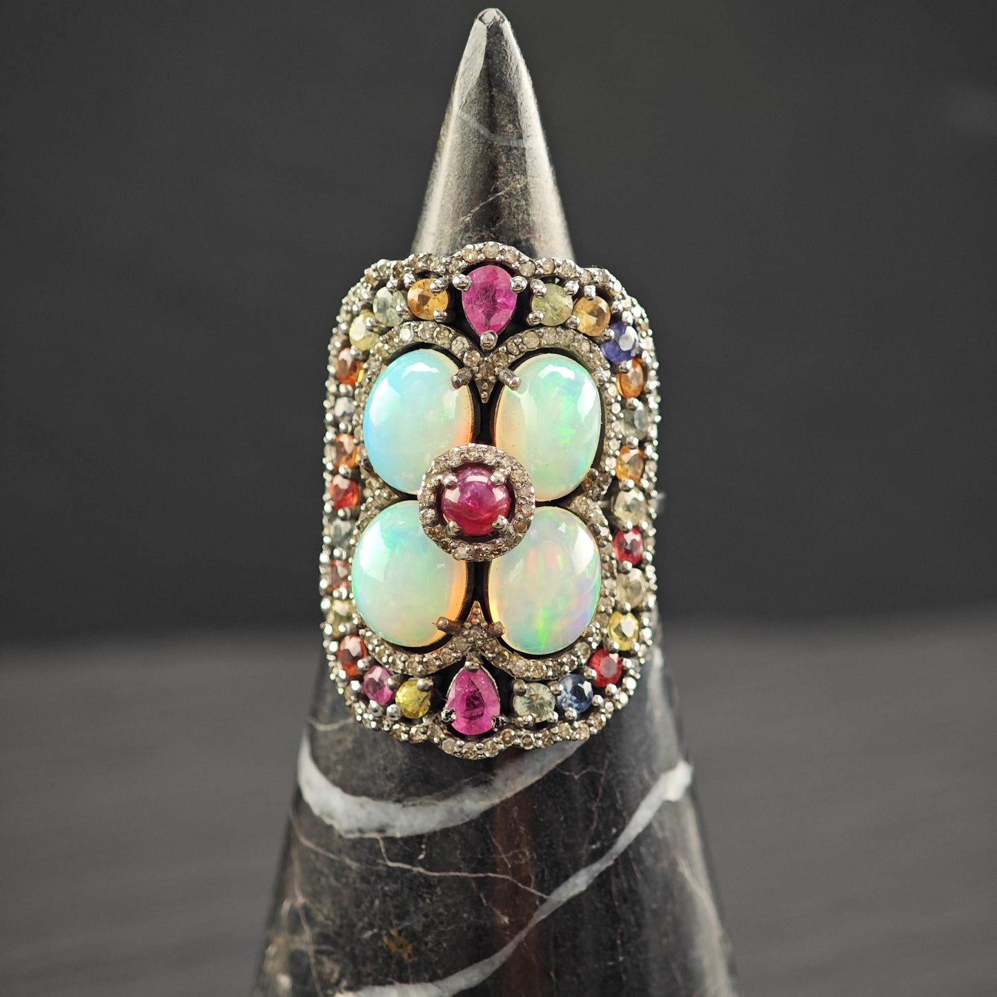 Oxidized Sterling Silver Ring with Ruby, Opal, Diamond, Sapphires