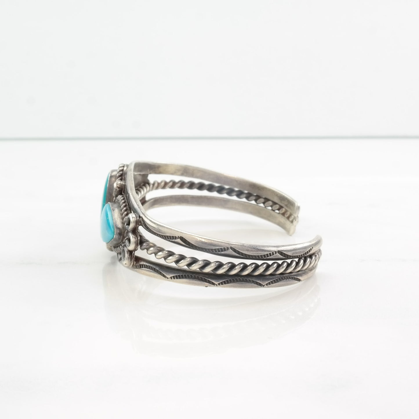 Native American Sterling Silver Cuff Bracelet Blue Turquoise Three Stone