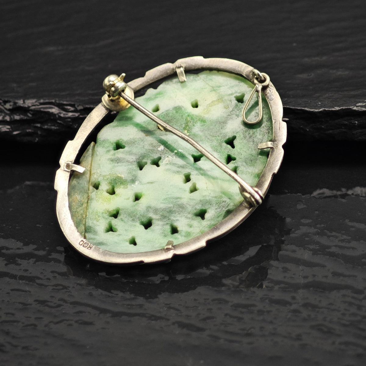 Art Deco Carved Jade Brooch Pendant 800 Silver B2245