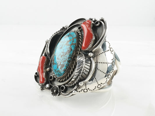 Native American Kewa Sterling Silver Cuff Bracelet Turquoise Coral