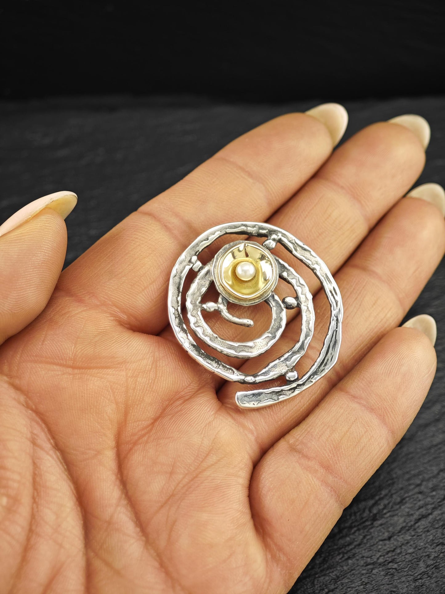 Yigal Avinoam, Pearl 14K Gold Accent Abstract Pendant Sterling Silver P2736