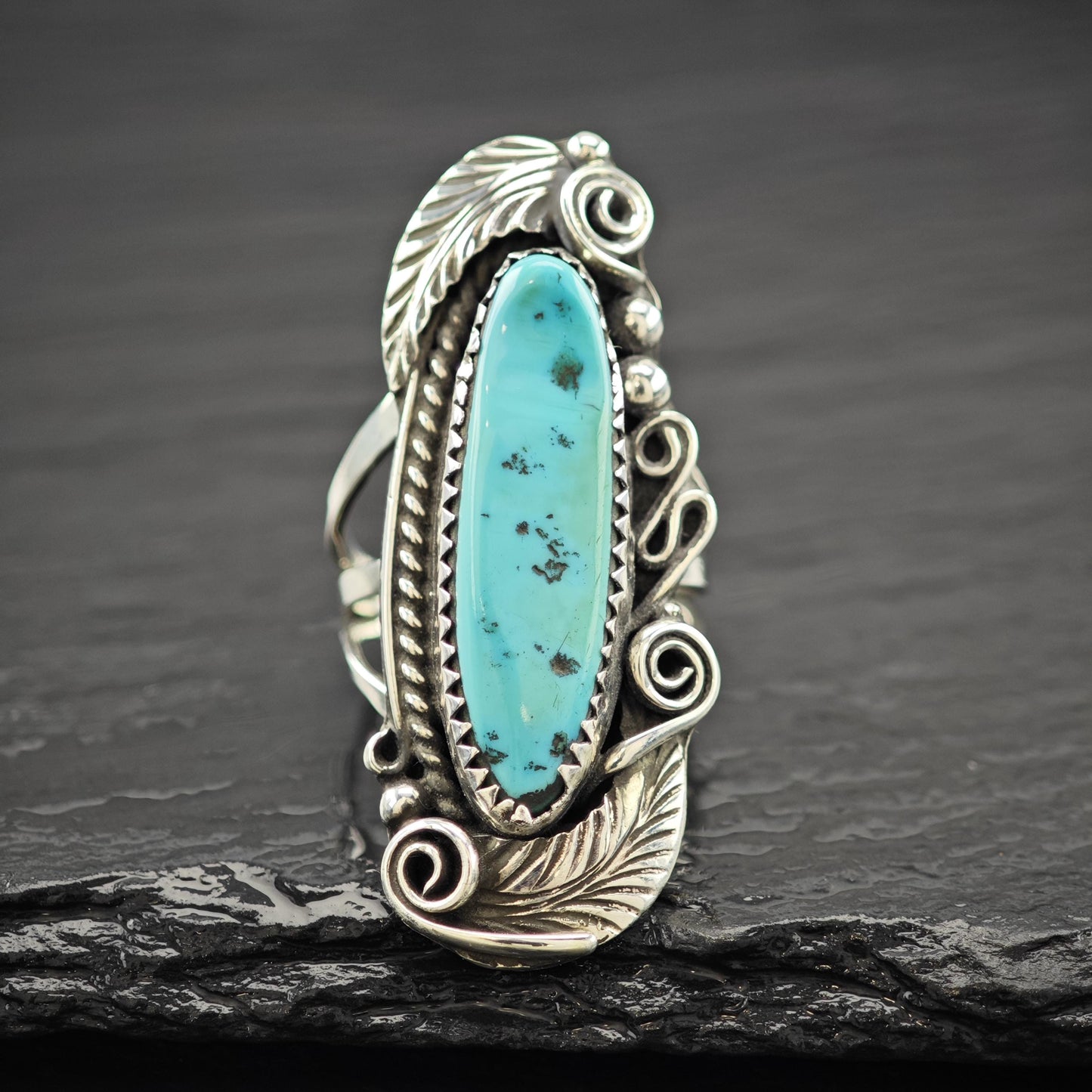 Navajo, J. Morris Long Turquoise Ring Sterling Silver Size 6 3/4
