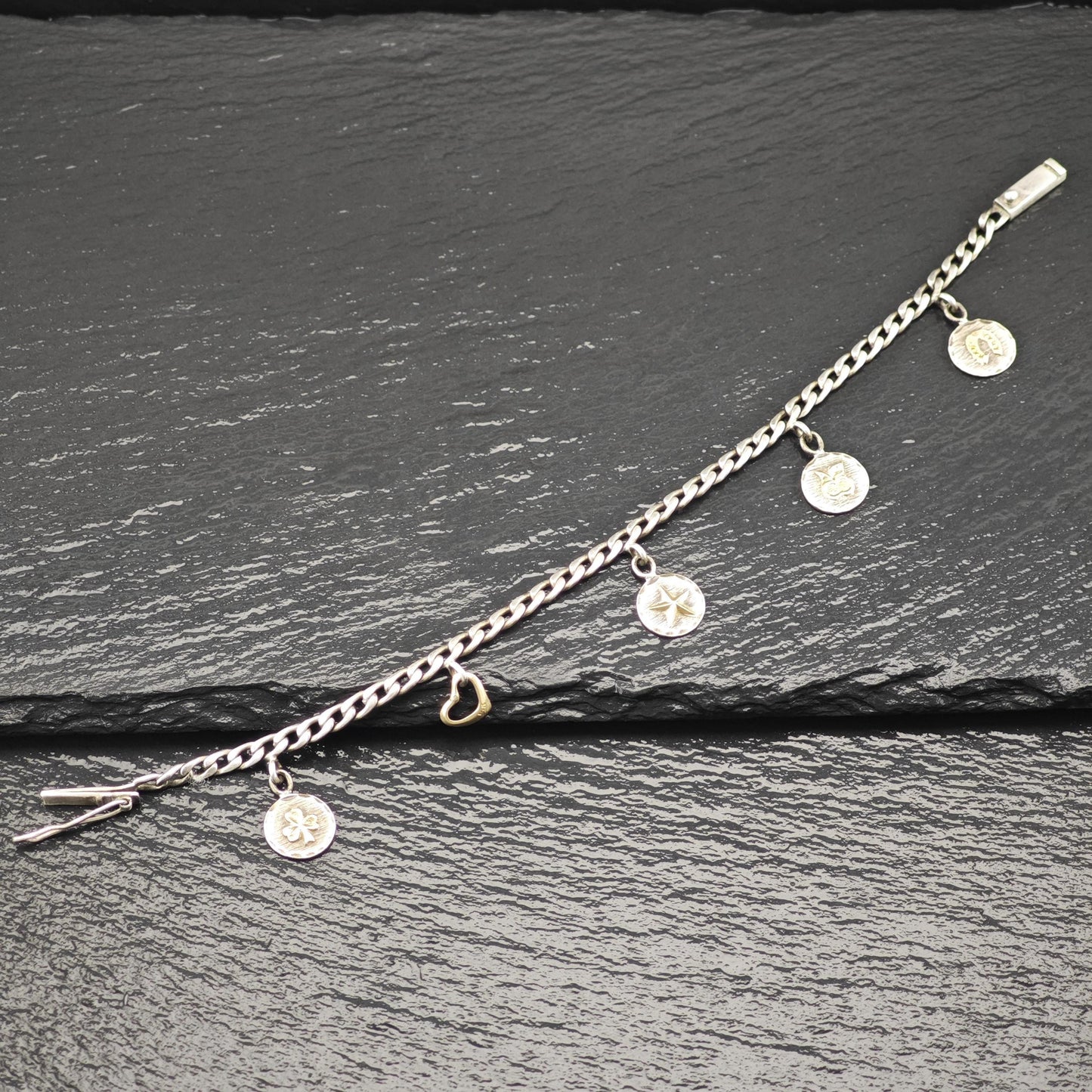 1940's Charms Bracelet 14K Gold Accents Sterling Silver Size 7 3/4"