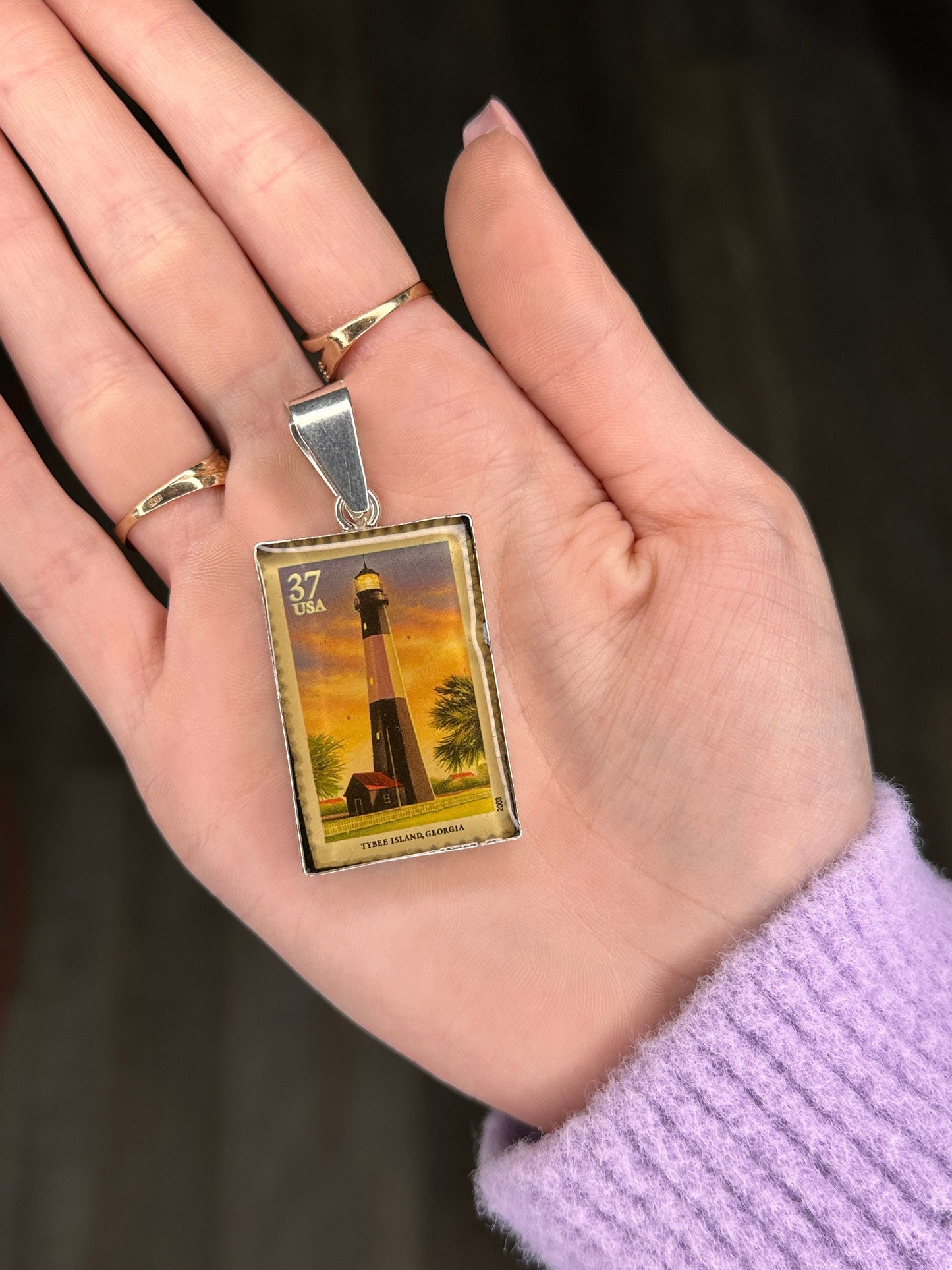 Vintage Postage Tybee Island Georgia Lighthouse Sterling Silver Pendant