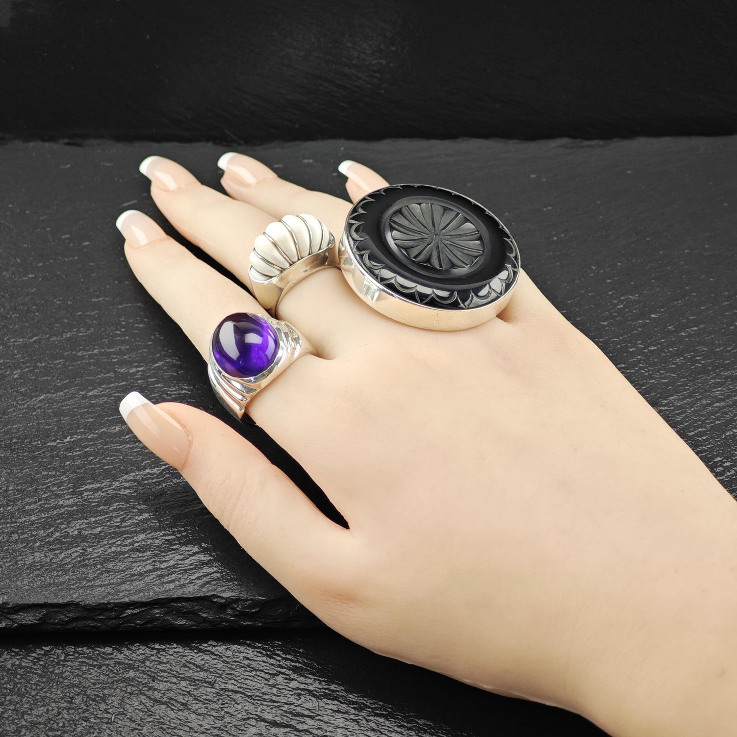 Large Carved Black Gemstone Ring Sterling Silver Size 9