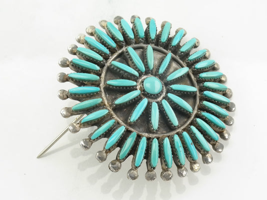 Zuni Sterling Silver Brooch Pendant Needlepoint Cluster Turquoise