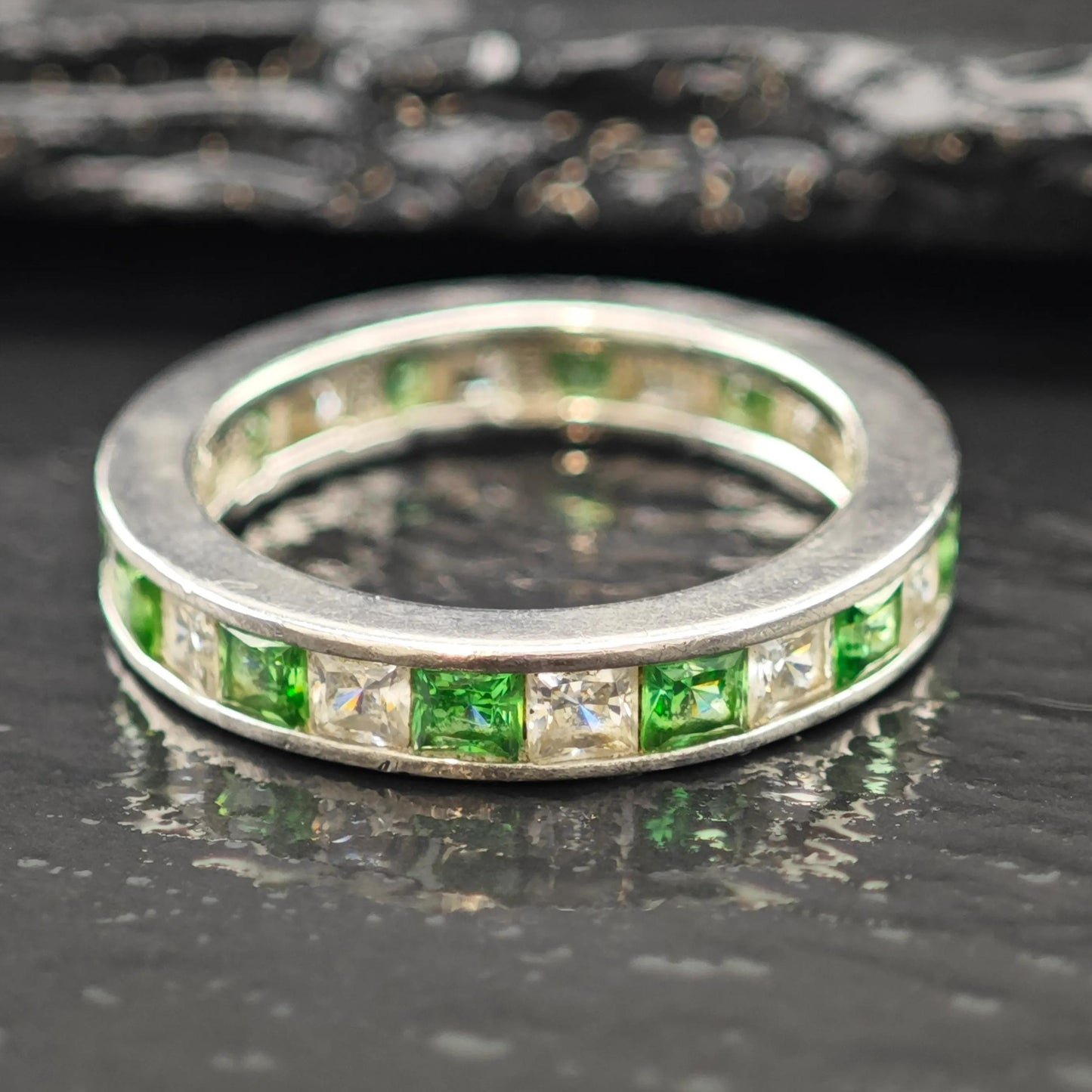 Sterling Silver Ring Green and White CZ Band Size 9 R6046