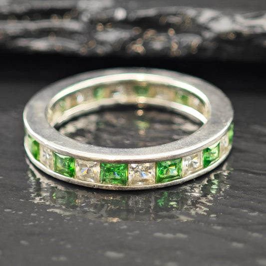 Sterling Silver Ring Green and White CZ Band Size 9 R6046